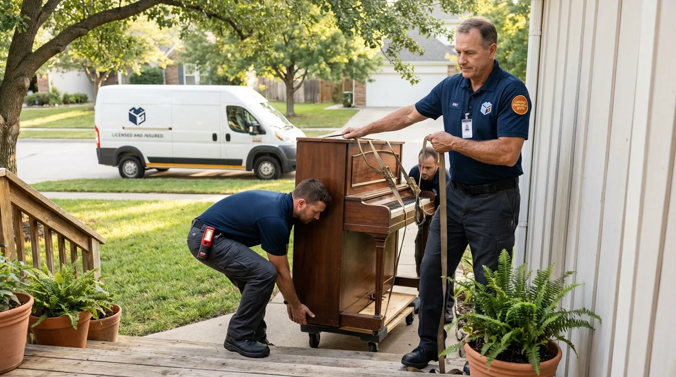 Licensed piano movers securing grand piano in Maumee, OH