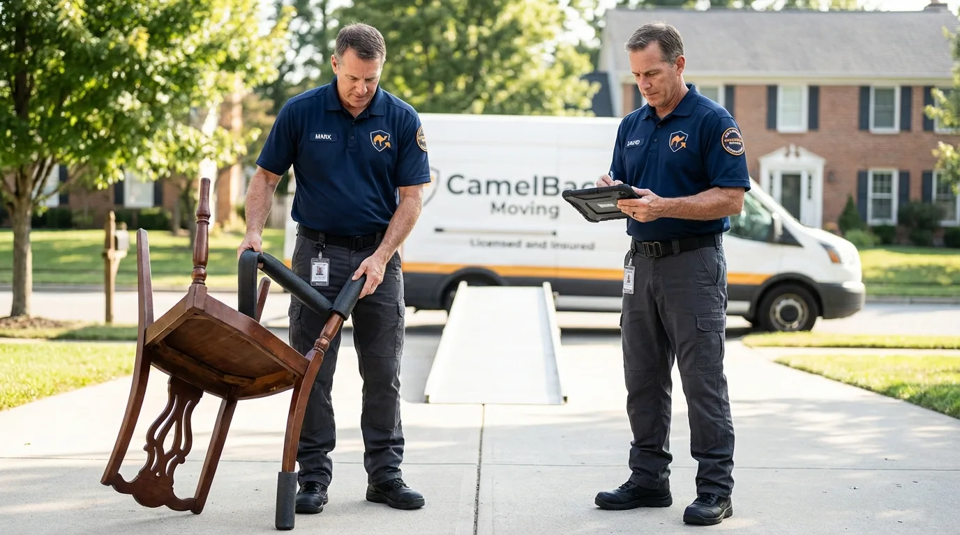 Movers inspecting furniture for damage prevention before loading in Maumee, OH