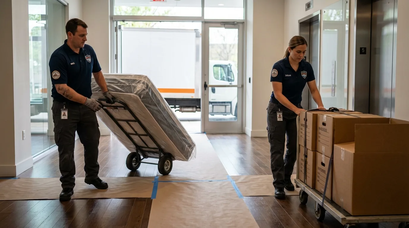 Professional apartment movers loading elevator in Maumee, OH